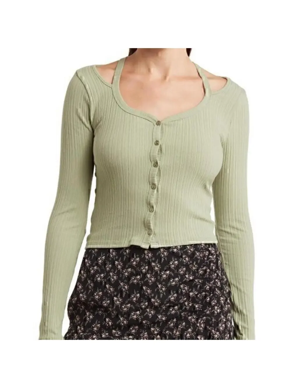 Lush Cotton Long Sleeve Scoop Neck Cotton Button Cut Out Rib Top SAGE Small